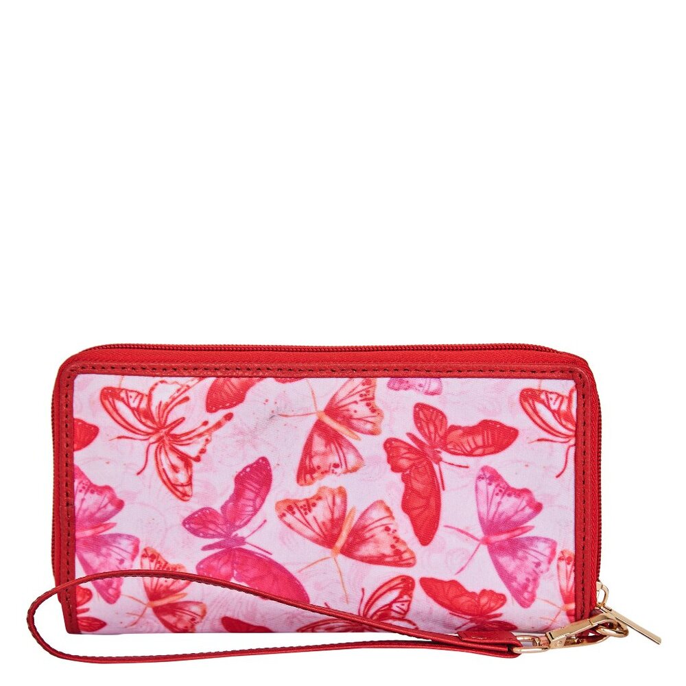 Hand Crafted Pink Butterfly Print Fabric Women Wristlet Wallets & Card Holder
